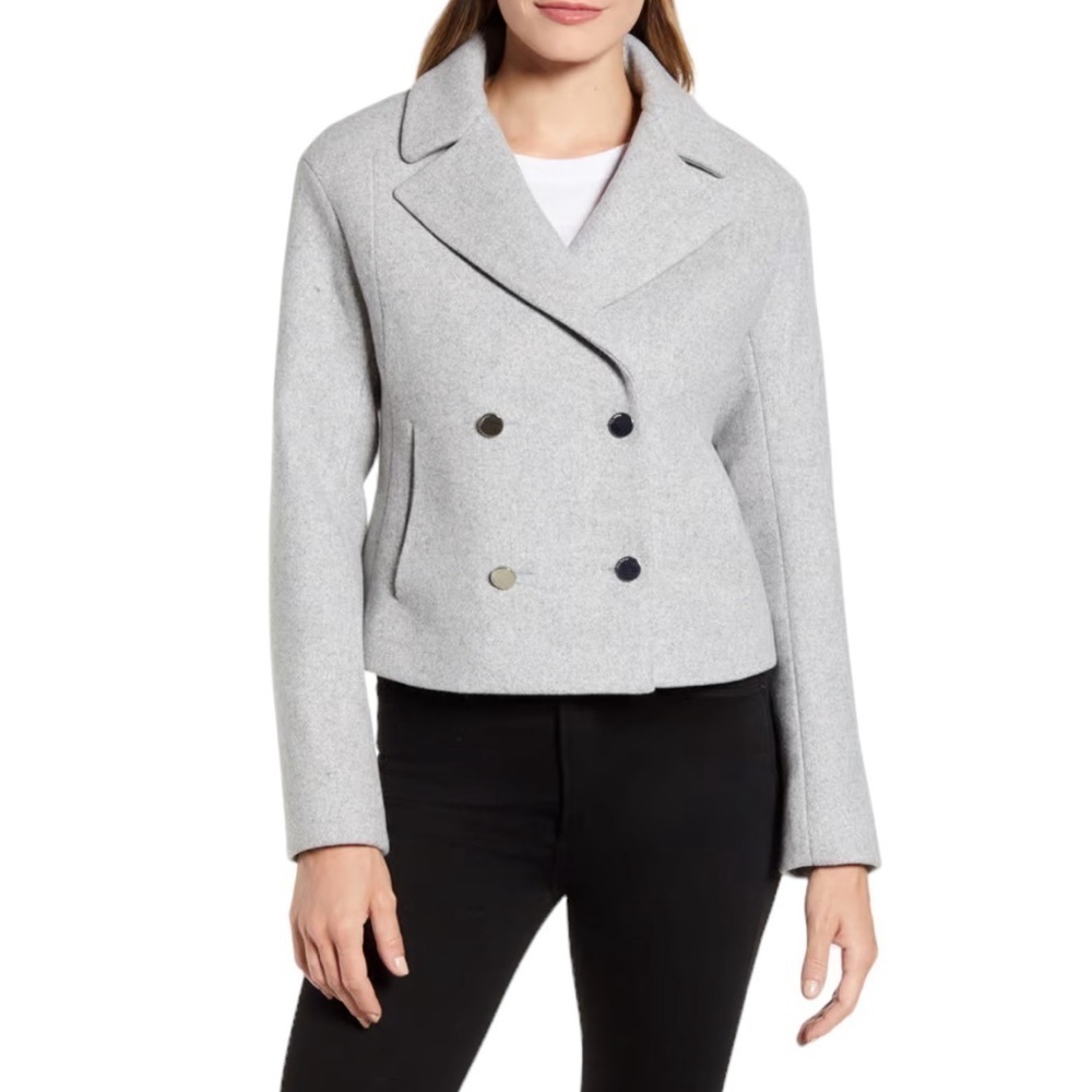 Ted Baker London Light Gray Agneta Double Breasted Crop Wool Jacket Blazer 3